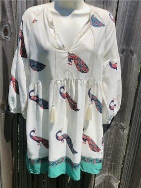 Roller Rabbit 100% SILK White Tunic with Teal and  Peacock Motif